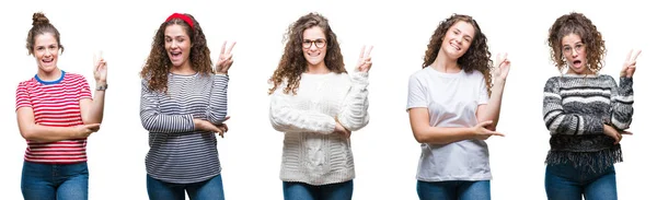 Collage Jeune Fille Brune Cheveux Bouclés Sur Fond Isolé Souriant — Photo