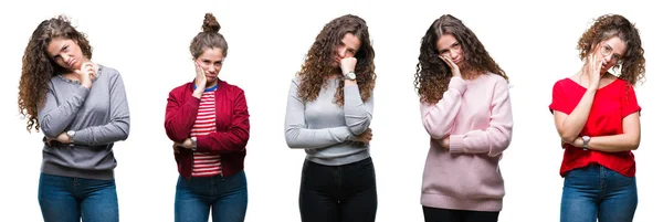 Colagem Jovem Morena Cabelo Encaracolado Menina Sobre Fundo Isolado Pensando — Fotografia de Stock