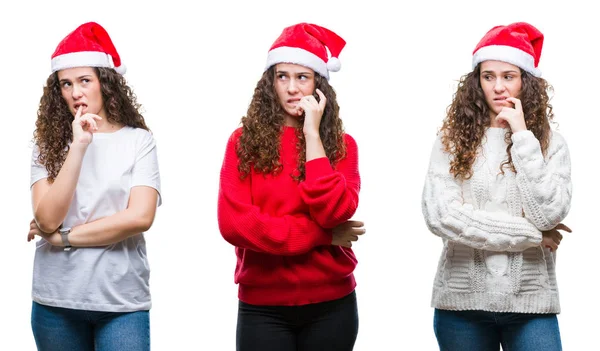 Collage Young Brunette Girl Wearing Christmas Hat Isolated Background Looking — Stock Photo, Image