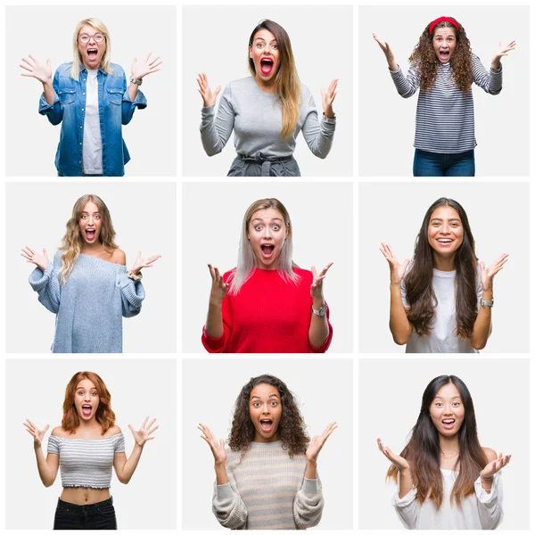 Collage Van Jonge Mooie Vrouwen Geïsoleerde Achtergrond Vieren Gek Verbaasd — Stockfoto