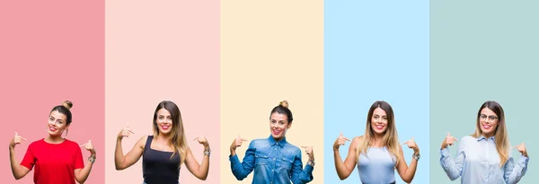 Collage Joven Hermosa Mujer Sobre Rayas Colores Fondo Aislado Buscando —  Fotos de Stock