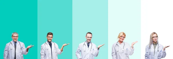 Collage Grupo Médicos Con Estetoscopio Sobre Fondo Aislado Colorido Sonriendo — Foto de Stock