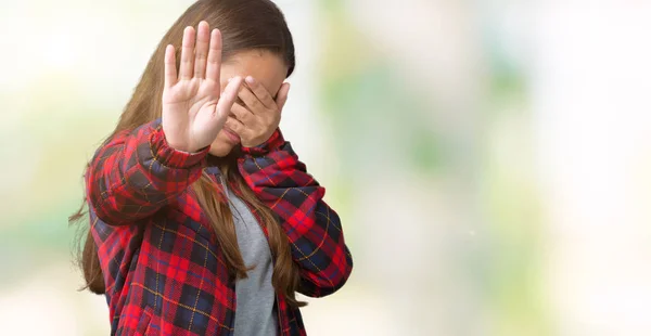 Young Beautiful Brunette Woman Wearing Jacket Isolated Background Covering Eyes — Stock Photo, Image