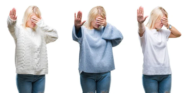 스웨터를 금발의 자가의 콜라주 손으로 슬픈와 부정적인 — 스톡 사진