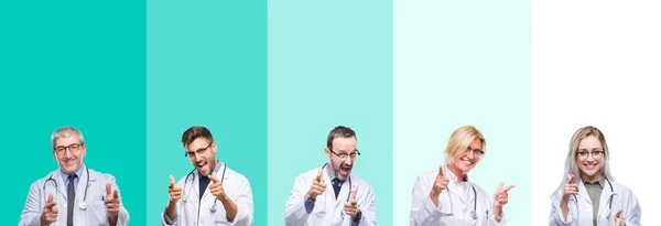 Collage Grupo Médicos Con Estetoscopio Sobre Fondo Aislado Colorido Señalando — Foto de Stock