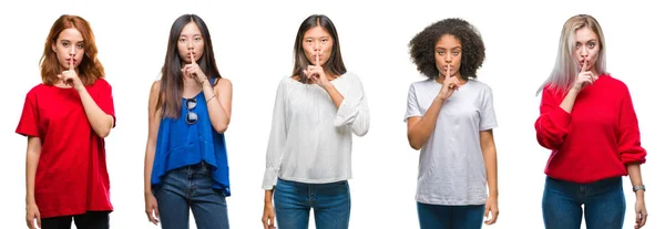 アジア アフリカ系アメリカ人 白人美女の唇に指で静かにするように求めて孤立の背景の上のグループのコラージュ 沈黙と秘密の概念 — ストック写真