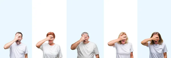Collage Gruppen Medelåldern Och Senior Människor Bär Vit Shirt Över — Stockfoto
