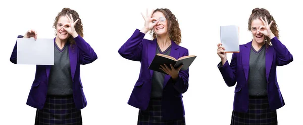 Collage Joven Estudiante Con Uniforme Escolar Sosteniendo Grado Sobre Fondo —  Fotos de Stock