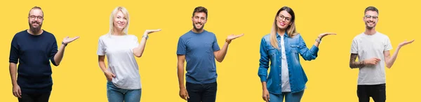 Collage Persone Gruppo Donne Uomini Sfondo Colorato Giallo Isolato Sorridente — Foto Stock
