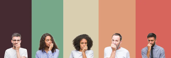 Collage Gruppo Giovani Anziani Sfondo Colorato Isolato Cercando Stressato Nervoso — Foto Stock