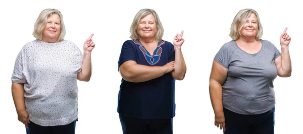 Collage Van Senior Dikke Vrouw Geïsoleerde Achtergrond Met Een Grote — Stockfoto