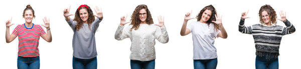 Collage of young brunette curly hair girl over isolated background showing and pointing up with fingers number seven while smiling confident and happy.