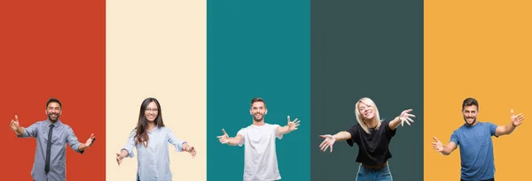 Collage Diferentes Etnias Jóvenes Sobre Rayas Colores Fondo Aislado Mirando — Foto de Stock