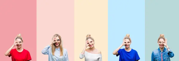 Collage Hermosa Mujer Rubia Sobre Coloridas Rayas Fondo Aislado Haciendo — Foto de Stock