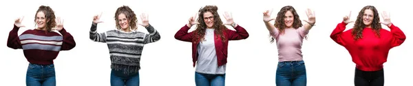 Collage Young Brunette Curly Hair Girl Isolated Background Showing Pointing — Stock Photo, Image