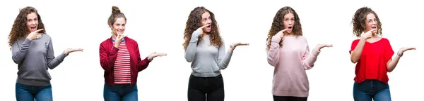 Colagem Jovem Morena Cabelo Encaracolado Menina Sobre Fundo Isolado Espantado — Fotografia de Stock