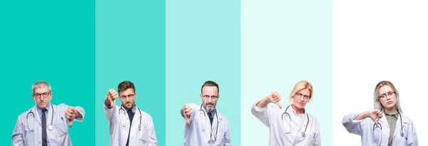Collage Gruppo Medici Che Indossano Stetoscopio Sfondo Colorato Isolato Cercando — Foto Stock