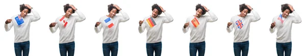 Collage Eines Afrikanisch Amerikanischen Jungen Mannes Der Länderfahnen Über Isoliertem — Stockfoto