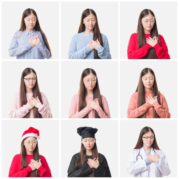 Collage of young doctor, chef asian woman isolated background smiling with hands on chest with closed eyes and grateful gesture on face. Health concept.