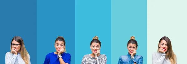 Collage Van Jonge Mooie Vrouw Geïsoleerde Achtergrond Blauwe Strepen Zoek — Stockfoto