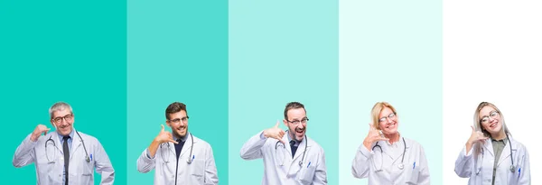 Koláž Skupiny Doktor Lidí Nosí Stetoskop Barevné Izolované Pozadí Úsměvem — Stock fotografie