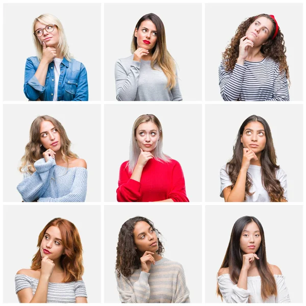 Collage Mujeres Hermosas Jóvenes Sobre Fondo Aislado Con Mano Barbilla —  Fotos de Stock