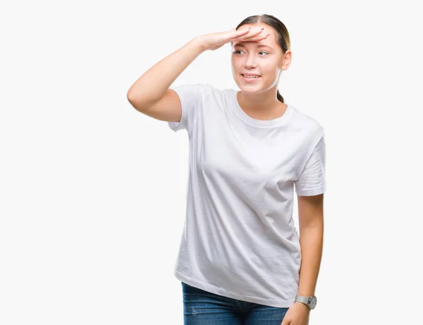 Jonge Mooie Kaukasische Vrouw Geïsoleerde Achtergrond Erg Blij Lachende Zoek — Stockfoto