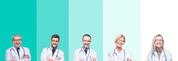 Koláž Skupiny Doktor Lidí Nosí Stetoskop Barevné Izolované Pozadí Šťastný — Stock fotografie