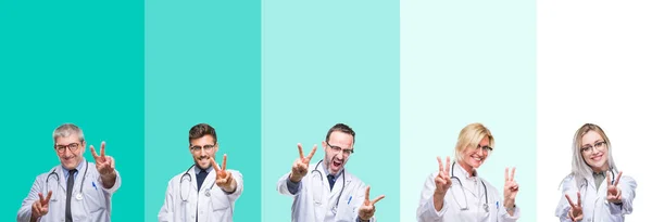 Колаж Групи Лікарів Які Носять Стетоскоп Барвистому Ізольованому Фоні Посміхаючись — стокове фото