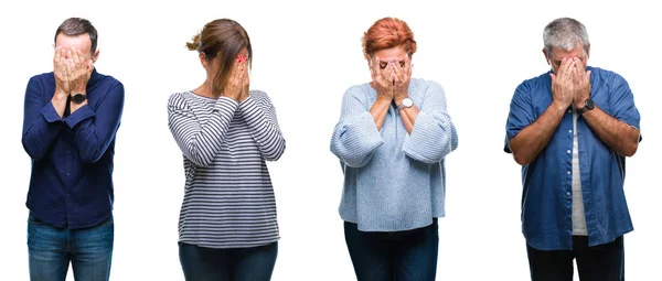 エレガントな中年 泣きながら手で顔を覆っている悲しそうな表情で孤立した背景に高齢者のグループのコラージュ うつ病の概念 — ストック写真