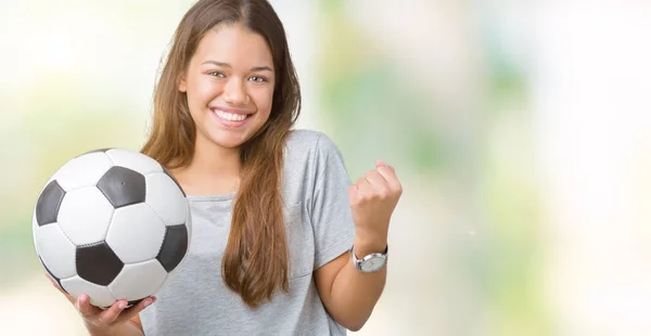 Young Beautiful Brunette Woman Holding Soccer Football Ball Isolated Background — Stock Photo, Image