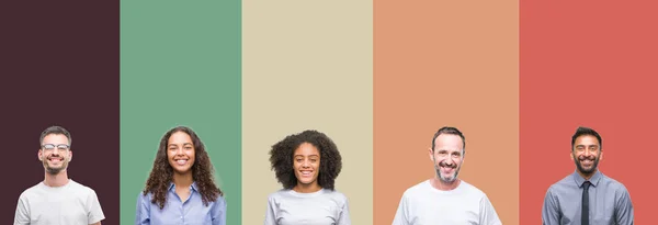Colagem Grupo Jovens Idosos Sobre Fundo Isolado Colorido Com Sorriso — Fotografia de Stock