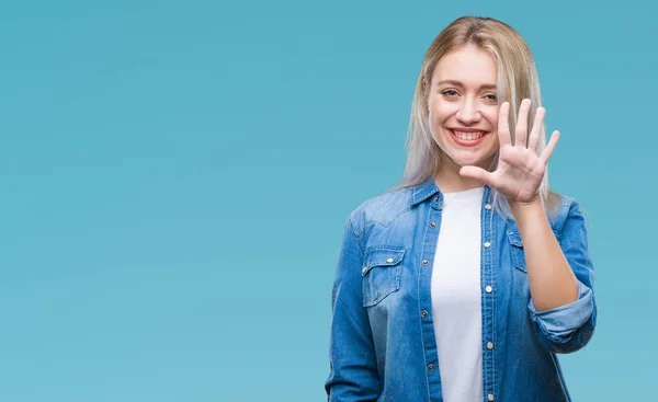 Junge Blonde Frau Über Isoliertem Hintergrund Die Mit Finger Nummer — Stockfoto