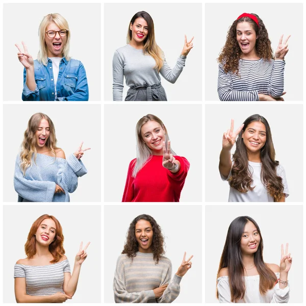 Collage Unga Vackra Kvinnor Över Isolerade Bakgrund Leende Med Glada — Stockfoto