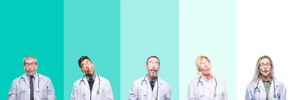 Collage Grupo Médicos Con Estetoscopio Sobre Fondo Aislado Colorido Haciendo — Foto de Stock