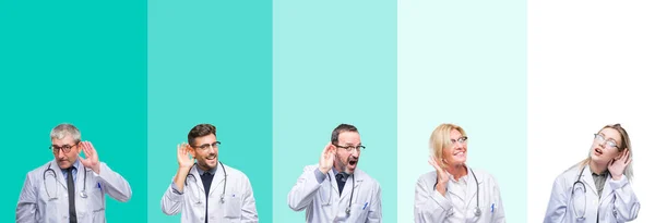 Colagem Grupo Pessoas Médicas Usando Estetoscópio Sobre Fundo Isolado Colorido — Fotografia de Stock