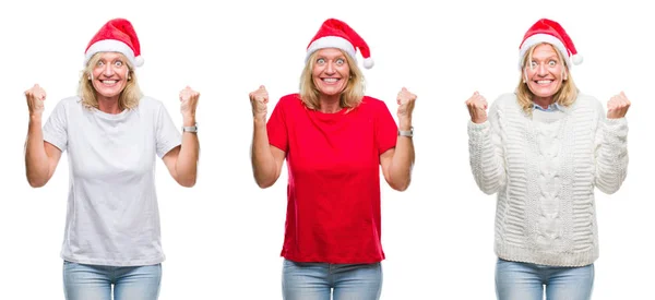 Collage Einer Schönen Blonden Frau Mittleren Alters Mit Weihnachtsmütze Über — Stockfoto