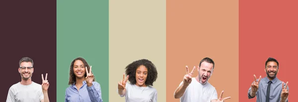 Collage Group Young Senior People Colorful Isolated Background Smiling Looking — Stock Photo, Image