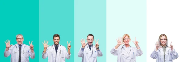 Collage Grupo Médicos Con Estetoscopio Sobre Colorido Fondo Aislado Mostrando — Foto de Stock
