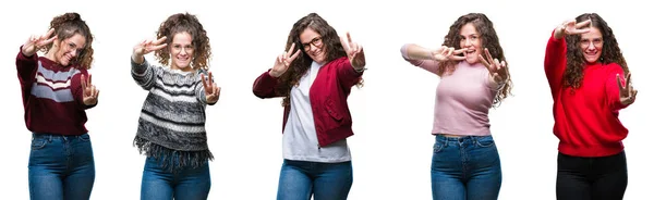 Colagem Jovem Morena Cabelo Encaracolado Menina Sobre Fundo Isolado Sorrindo — Fotografia de Stock