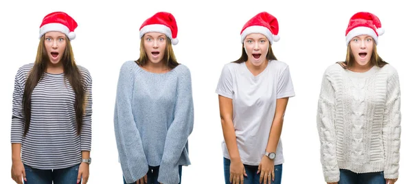 Collage Eines Jungen Mädchens Das Weihnachtsmütze Über Weißem Isoliertem Hintergrund — Stockfoto