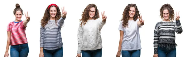 Collage Young Brunette Curly Hair Girl Isolated Background Showing Pointing — Stock Photo, Image