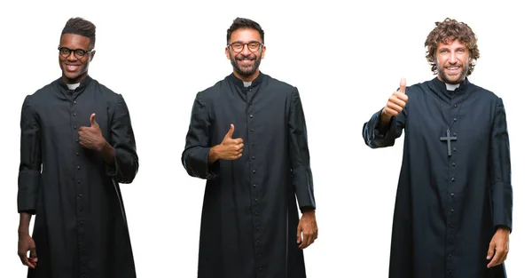 Colagem Padres Cristãos Homens Sobre Fundo Isolado Fazendo Polegares Felizes — Fotografia de Stock