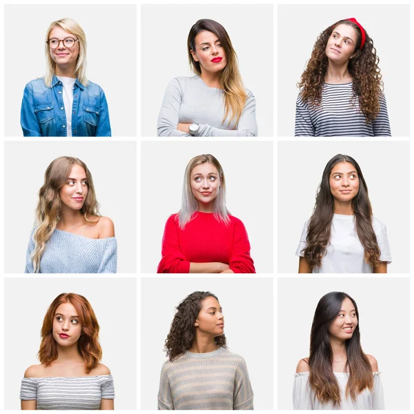 Collage Unga Vackra Kvinnor Över Isolerade Bakgrund Leende Seende Sidan — Stockfoto