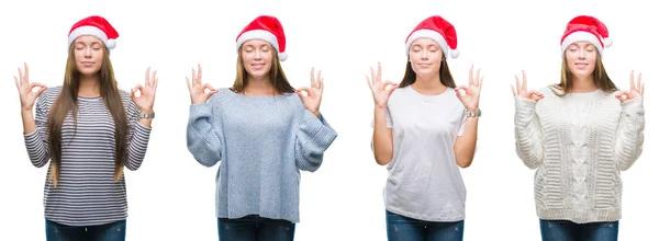 Collage Chica Joven Con Sombrero Navidad Sobre Fondo Blanco Aislado — Foto de Stock