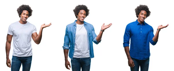 アフリカ系アメリカ人の若い上半身裸男と提示し カメラを見て手の手のひらで指して 陽気な笑みを浮かべて孤立の背景上のビジネスの男性のコラージュ — ストック写真