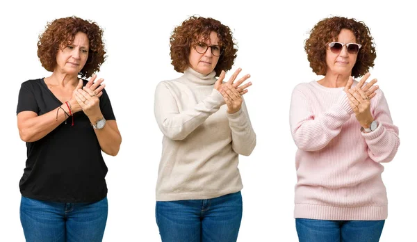 Collage Mujer Mayor Mediana Edad Sobre Fondo Blanco Aislado Sufrimiento —  Fotos de Stock