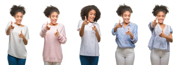 Colagem Mulher Afro Americana Sobre Fundo Isolado Apontando Dedos Para — Fotografia de Stock