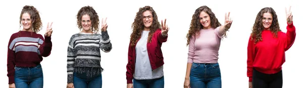Collage Young Brunette Curly Hair Girl Isolated Background Showing Pointing — Stock Photo, Image