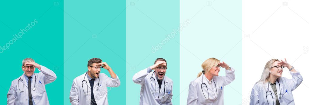 Collage of group of doctor people wearing stethoscope over colorful isolated background very happy and smiling looking far away with hand over head. Searching concept.